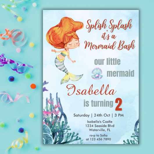 Invitation Splish Splash Orang Mermaid Bash 2e anniversaire f