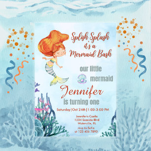 Invitation Splish Splash Orang Mermaid Bash Girl 1er annivers