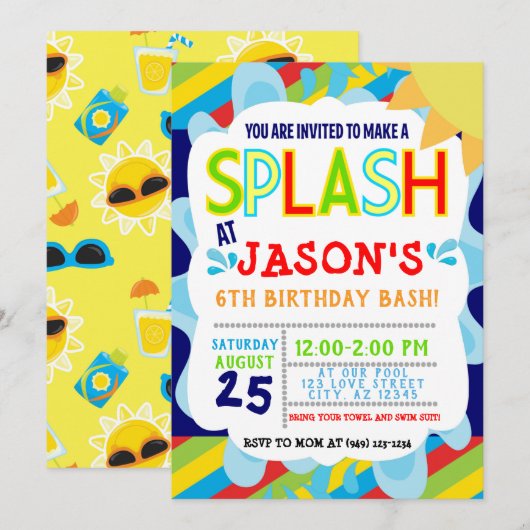 Invitation Splish Splash Park Party Summer Boy's Birthday (Devant / Derrière)