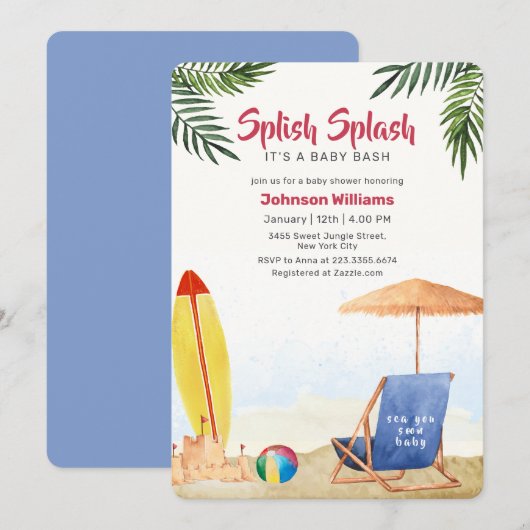 Invitation Splish Splash Planche de Surf Fête Prénatale Garço (Devant / Derrière)