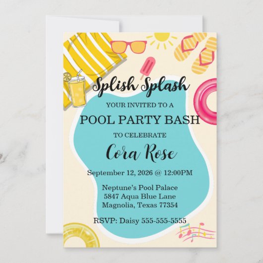 Invitation Splish Splash Pool Party Bash Birthday (Devant)