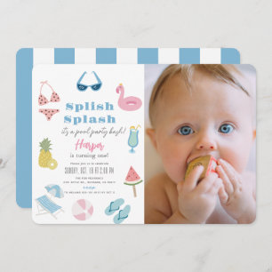 Invitation Splish Splash Pool Party Fille Photo 1er anniversa