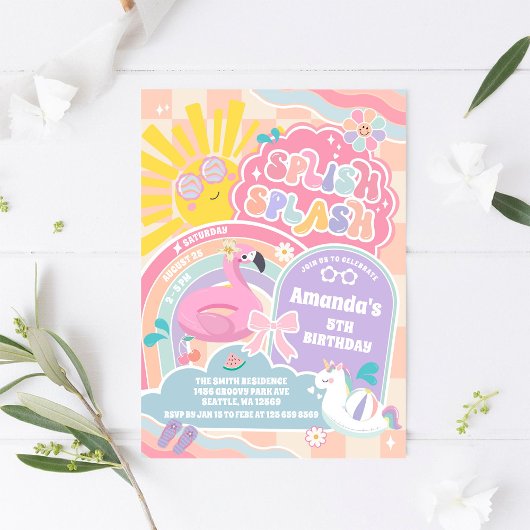 Invitation Splish Splash Retro Groovy Daisy Birthday Invitati