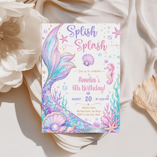 Invitation Splish Splash Sirène 6ème Anniversaire