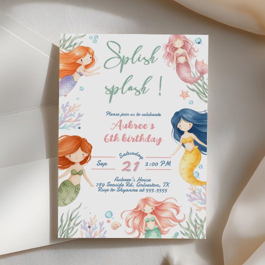 Invitation Splish Splash Sirène 6ème Anniversaire