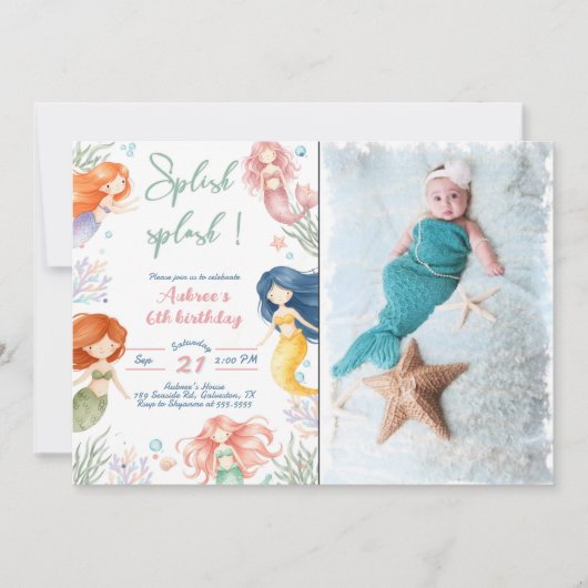 Invitation Splish Splash Sirène 6ème Anniversaire (Devant)