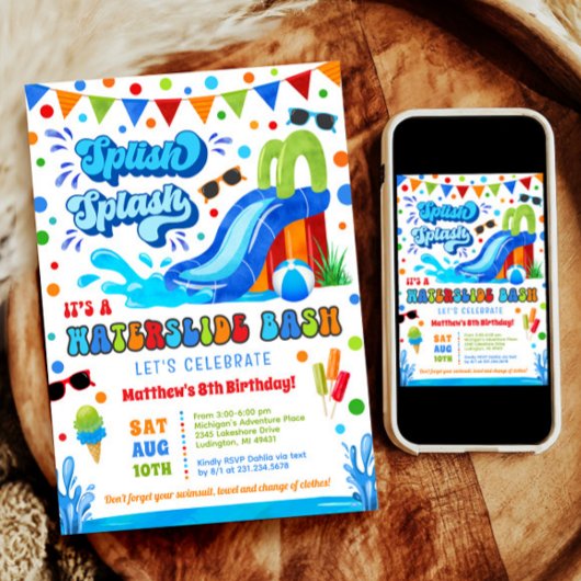 Invitation Splish Splash Waterslide Bassh Boy Anniversaire