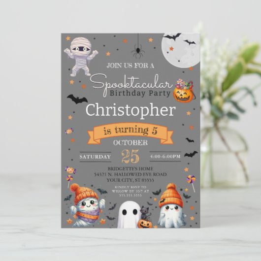 Invitation Spooktacular Ghost Orange Halloween fête d'anniver (Debout devant)