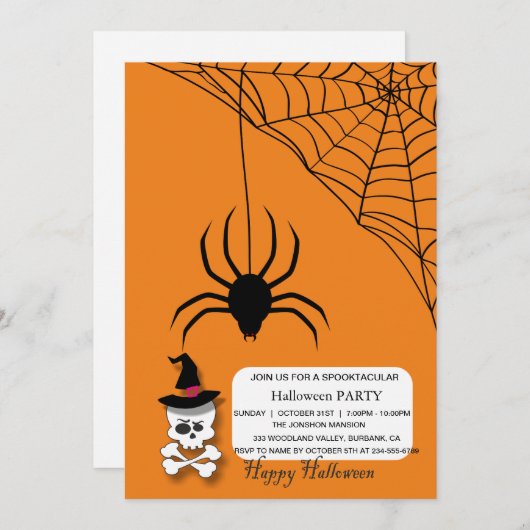 Invitation Spooktacular Spider Skull Halloween Party (Devant / Derrière)