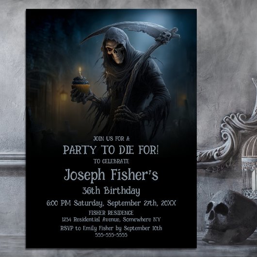 Invitation Spooky Grim Reaper with Cupcake Birthday Party