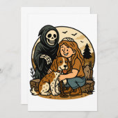Invitation Spooky Grim Reaper with Girl and Dog Skeleton Art (Devant / Derrière)