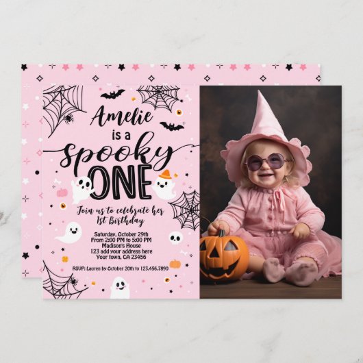 Invitation Spooky One Pink Ghost Halloween Invite with Photo (Devant / Derrière)