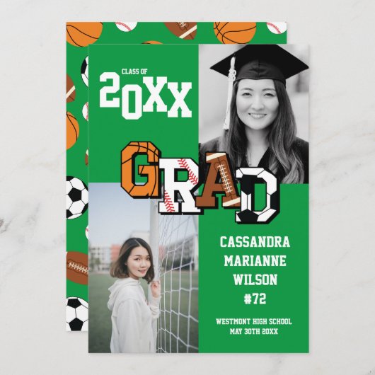 Invitation Sport Graduation Football de basket-ball de footba (Devant / Derrière)
