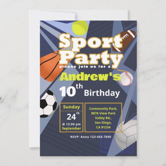 Invitation Sport Party - Fête d'anniversaire pour (Devant)
