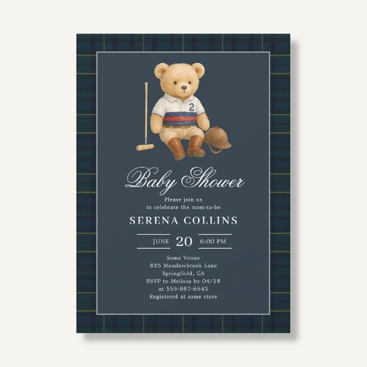 Invitation Sport Preppy Bear Baby shower bleu