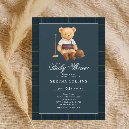 Invitation Sport Preppy Bear Baby shower bleu