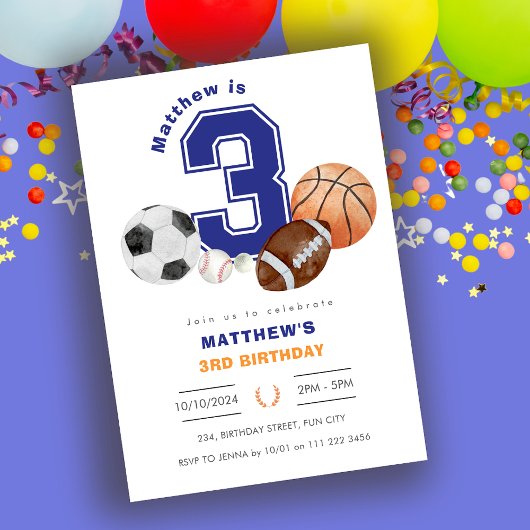 Invitation Sports 3e athlète garçon Anniversaire