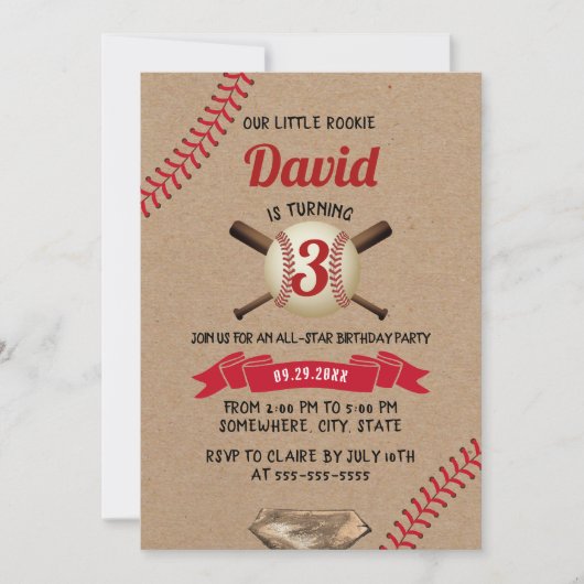 Invitation Sports De Baseball Toute Star Rustique Kraft Anniv (Devant)
