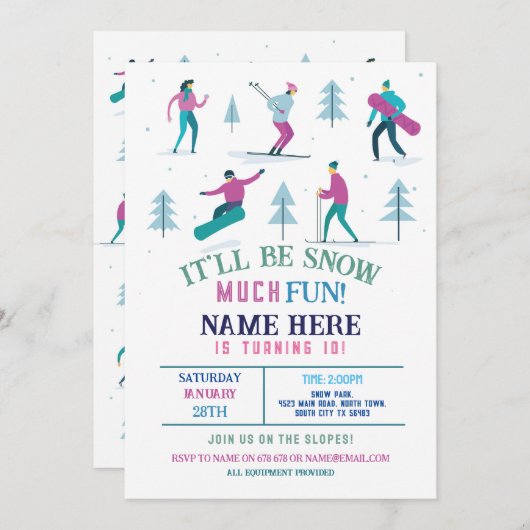 Invitation Sports d'hiver Anniversaire Filles Ski Snowboard (Devant / Derrière)