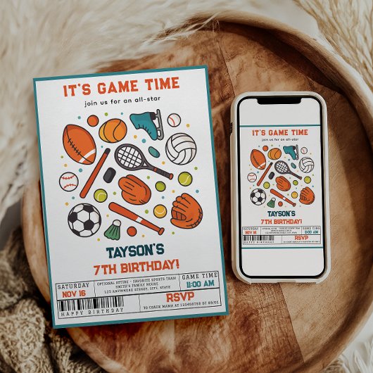 Invitation Sports Game Time All-Star 7th Birthday Party | Boy