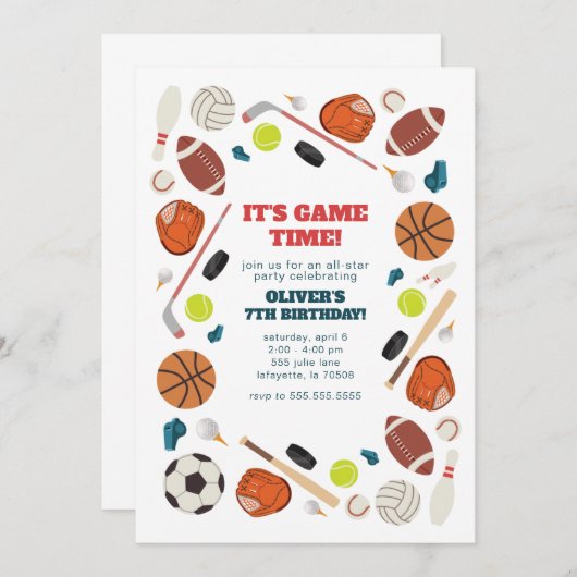 Invitation Sports Game Time All Star Anniversaire Party (Devant / Derrière)