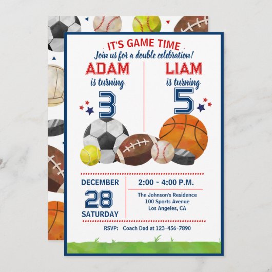 Invitation Sports Game Time All-Star Birthday Party (Devant / Derrière)