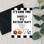 Invitation Sports Referee It's Game Time ! Fête d'anniversair<br><div class="desc">C'est un invitation de fête d'anniversaire à thème sportif pour un garçon. Le design comprend un baseball,  un basket-ball,  un ballon de football et un football. Référencez sur le thème. Noir et blanc.</div>