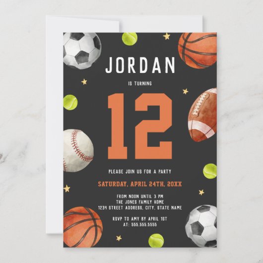 Invitation Sports Thème Orange Grey Anniversaire (Devant)