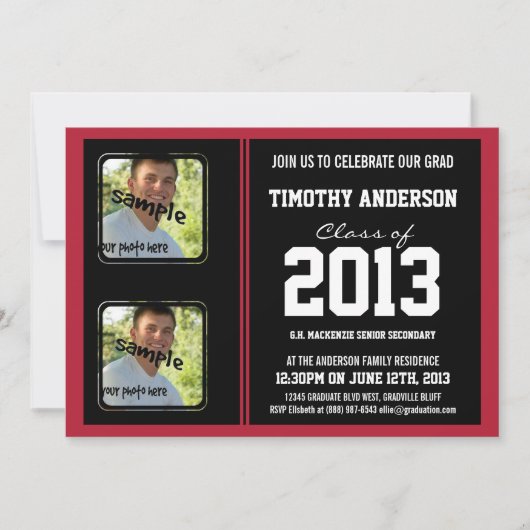 Invitation Sporty Boy Grad Black and Red DEUX Photos (Devant)