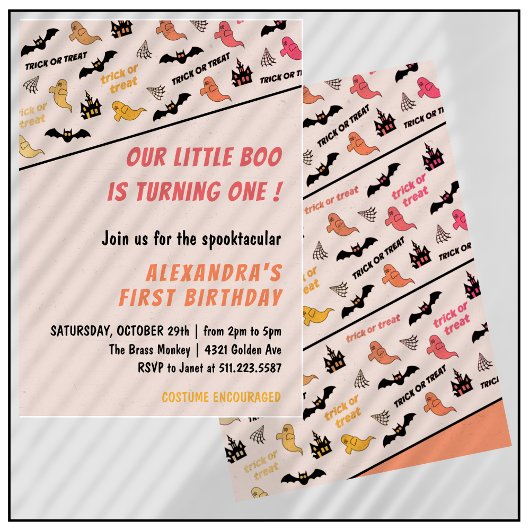 Invitation Spotacular Ghost Pink Halloween 1er anniversaire