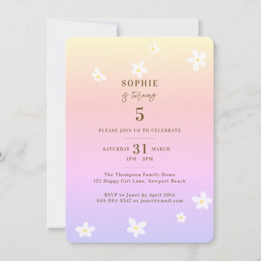 Invitation Spring Arc-en-ciel blanc marguerites Fille fête d' (Devant)