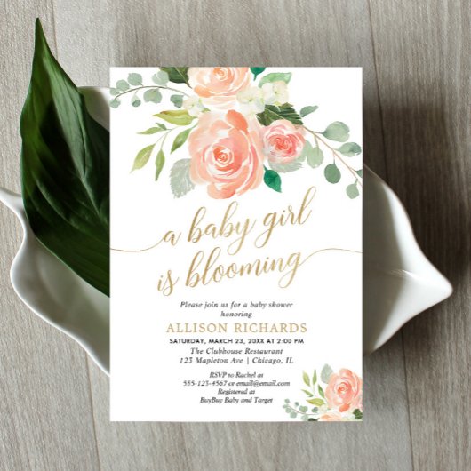 Invitation Spring baby girl est en floraison pêche verdure do