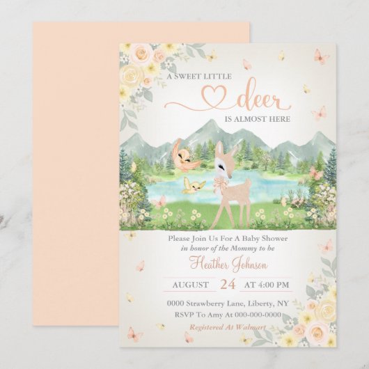 Invitation Spring Bloom and Butterflies Deer Baby Shower (Devant / Derrière)