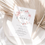 Invitation Spring Cherry Blossom C'est un Baby shower de fill<br><div class="desc">Cette floraison printanière de cerisiers c'est une invitation baby shower fille est parfait pour un baby shower moderne. Le design oriental floral présente une branche de cerisier couleur rose vif blanc et des feuilles verts au style japonais élégant.</div>