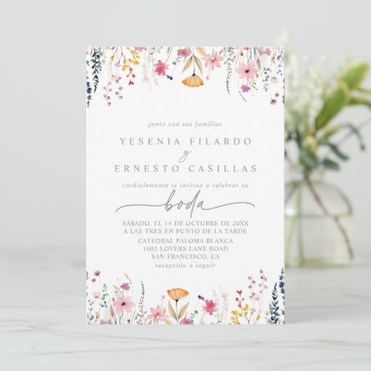 Invitation Spring Colorful Wildflower Spanish Wedding (Debout devant)