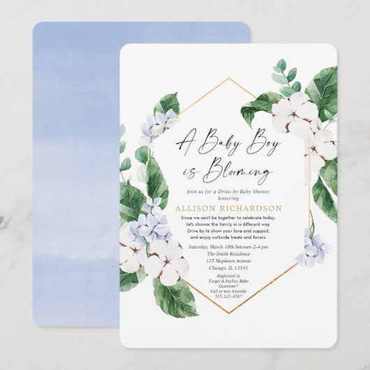 Invitation Spring Drive by baby shower baby boy floraison (Devant / Derrière)