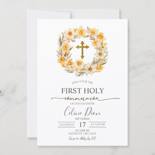 Invitation Spring Floral Daffodil Wreath 1st Holy Communion (Devant)