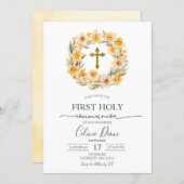 Invitation Spring Floral Daffodil Wreath 1st Holy Communion (Devant / Derrière)