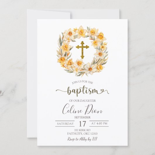 Invitation Spring Floral Daffodil Wreath Baptism (Devant)