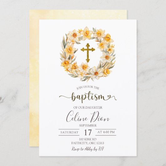 Invitation Spring Floral Daffodil Wreath Baptism (Devant / Derrière)