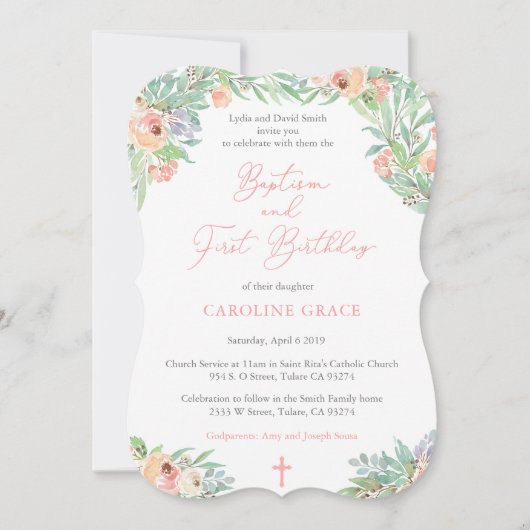Invitation Spring Floral Girl Baptism et 1ère fête d'annivers (Devant)
