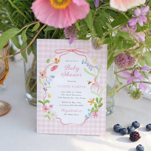 Invitation Spring Floral Pink Gingham Baby Shower