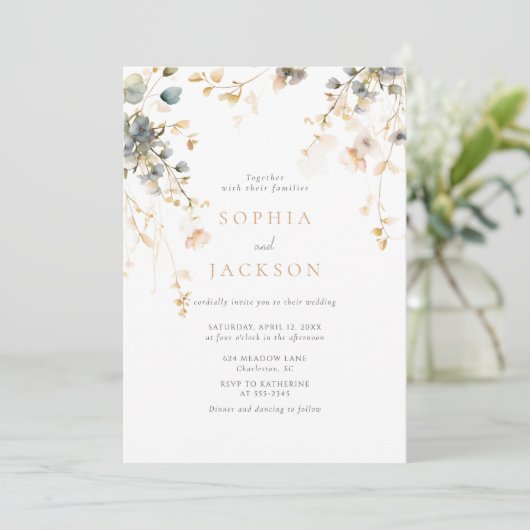 Invitation Spring Garden Boho Fleur sauvage Beige Blue Mariag (Debout devant)