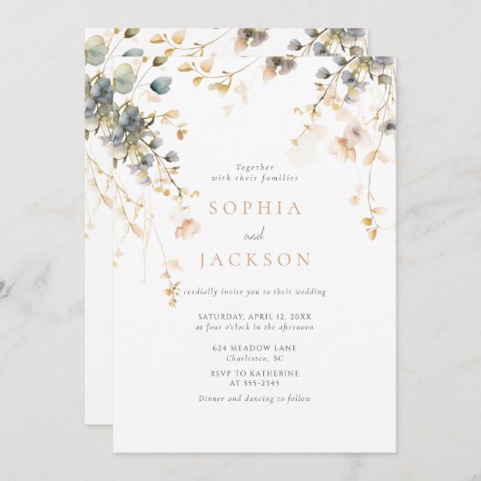Invitation Spring Garden Boho Fleur sauvage Beige Blue Mariag (Devant / Derrière)
