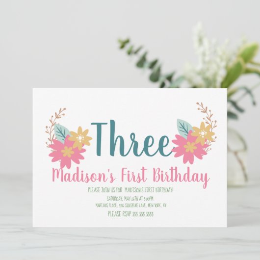 Invitation Spring Garden Floral Pink Party 3e anniversaire (Debout devant)