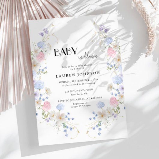 Invitation Spring Garden Rose violet Fleur sauvage Baby showe