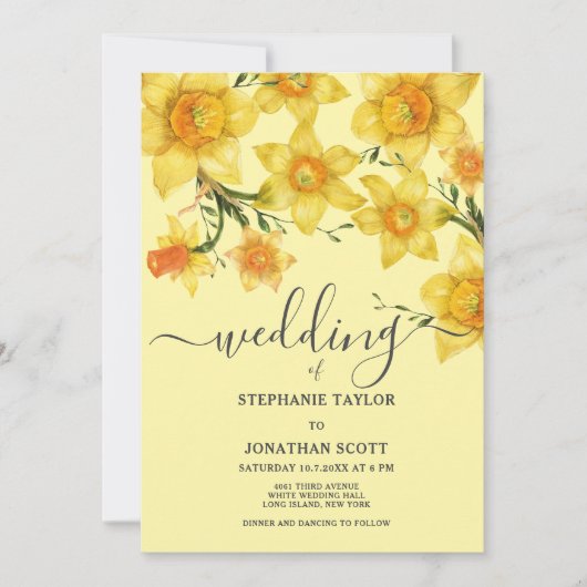 Invitation Spring golden green daffodils flowers wedding (Devant)
