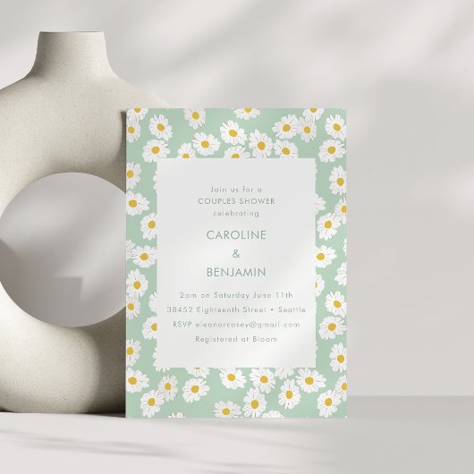 Invitation Spring Pastel Sage Green Daisies Couples Douche