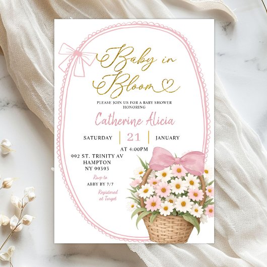 Invitation Spring Pink Bow Daisy Baby in Bloom Baby Shower