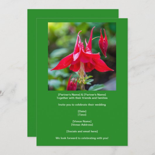 Invitation Spring Red Columbine Native Flower on Green  (Devant / Derrière)